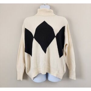 ELOQUII Size 18/20 Long Sleeve Pullover Cream & Black Argyle Turtleneck Sweater